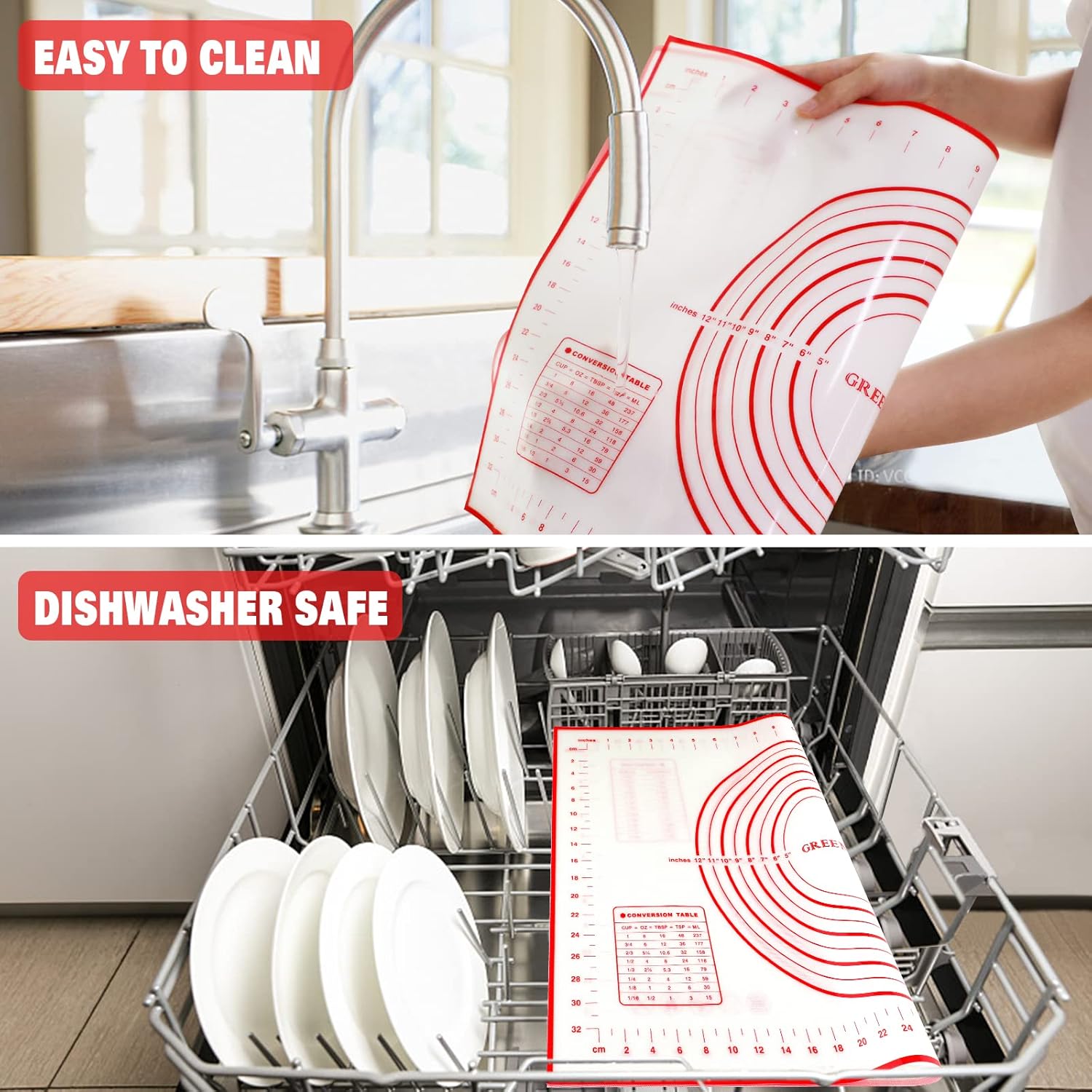 Skiennix Silicone Pastry Mat - Extra Thick Non-Stick Baking Sheet with Measurements | Large 16"x24", Red
