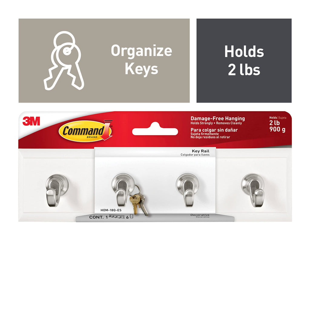 Command Key Rails, Total 2 Key Racks with 12 Command Strips, 2 Pack of 1 Rail, 4 Key Hooks on One Rail, Organize Damage-Free