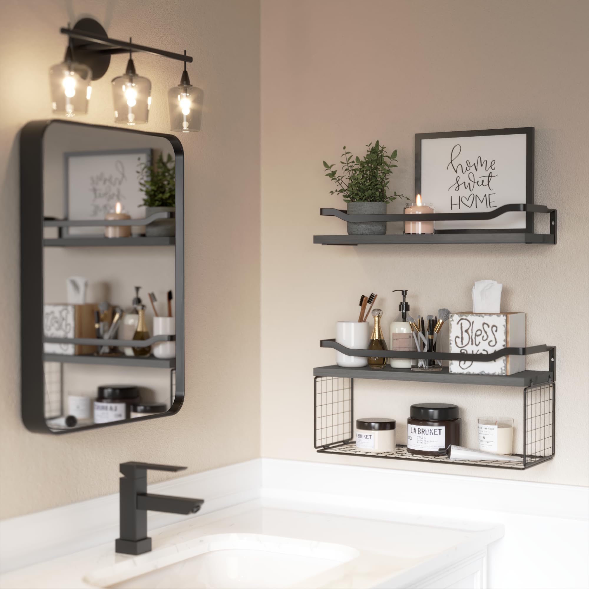 WOPITUES Floating Shelves with Wire Storage Basket, Bathroom Shelves Over Toilet with Protective Metal Guardrail, Wood Wall Shelves for Bathroom Organizers and Storage, Toilet Paper- Gray