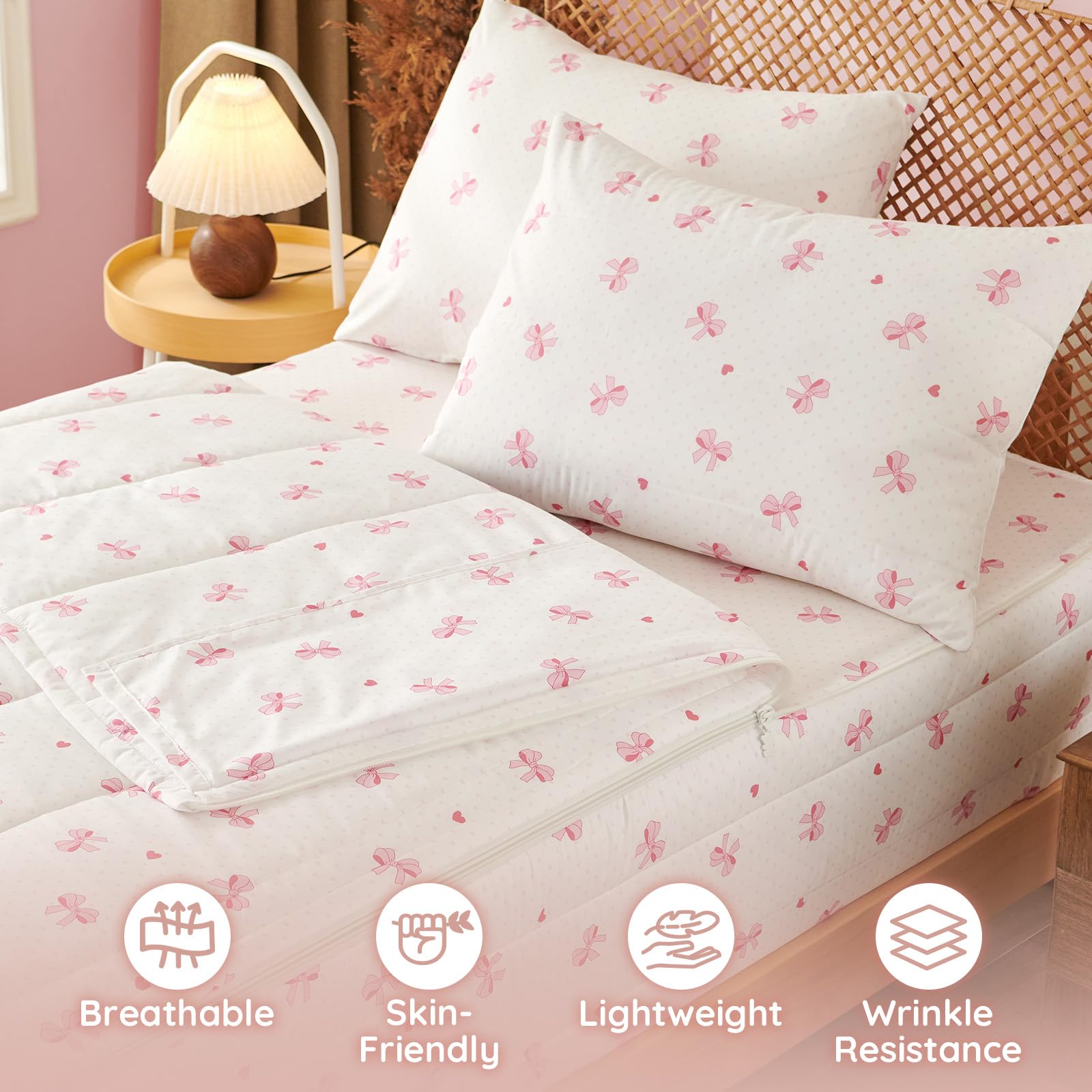 Erwinmu Kids Comforter Sets Bow Printed Zipper Bedding Sets for Girls, 3pcs Brown All in one Bed in a Bag, Easy to Make and Wash Includes Fitted Sheet and Pillow Sham, Twin