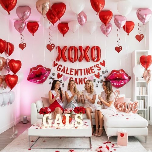 Galentine’s Day Decorations Pack – Heart Balloon Wall Kit with XOXO Balloons, Galentines Gang Banner & Hanging Hearts, Girls Night & Bachelorette Party Decor Set