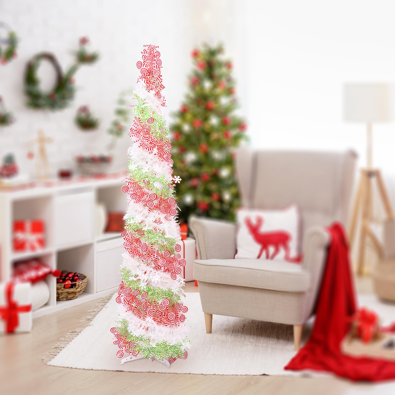 5FT Artificial Pencil Christmas Tree, Red Green White Pop Up Small Christmas Tinsel Tree, for Home Holiday Porch Fireplace Xmas Indoor Party Decoration.