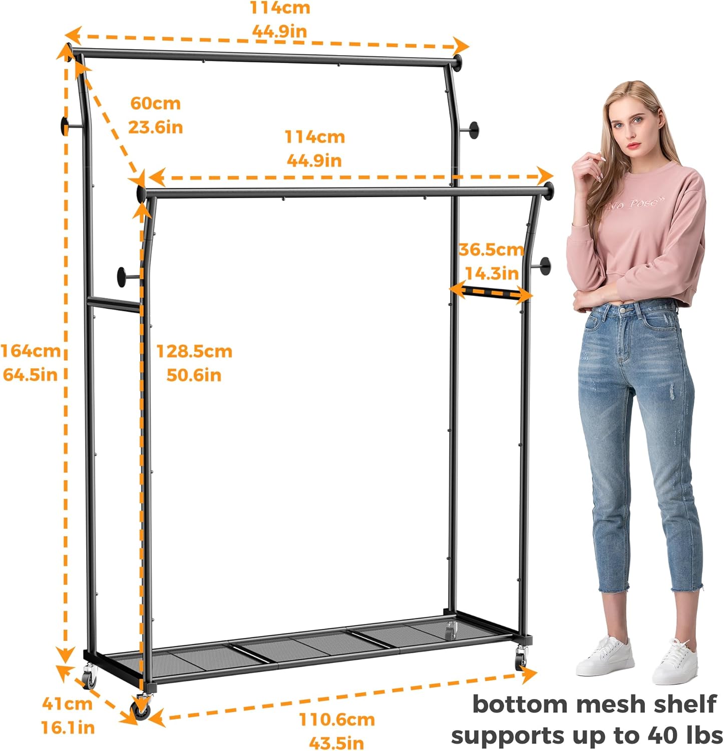 Skiennix Double Rods Clothes Rack - Portable Rolling Garment Rack with Hooks & Mesh Shelf | Black