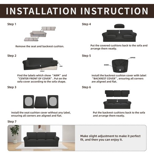 Easy-Going 7 Pieces Stretch Couch Cover Washable Sofa Cover Set for 3 Backrest and Seat Cushion Couch Anti-Slip Sofa Slipcover Furniture Protector with Elastic Bottom (Large, Dark Grey)