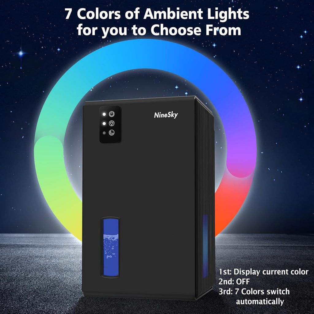 NineSky Dehumidifier - 1000 Sq.Ft. Quiet Home Dehumidifier with 95Oz Tank & 7-Color Light | Black