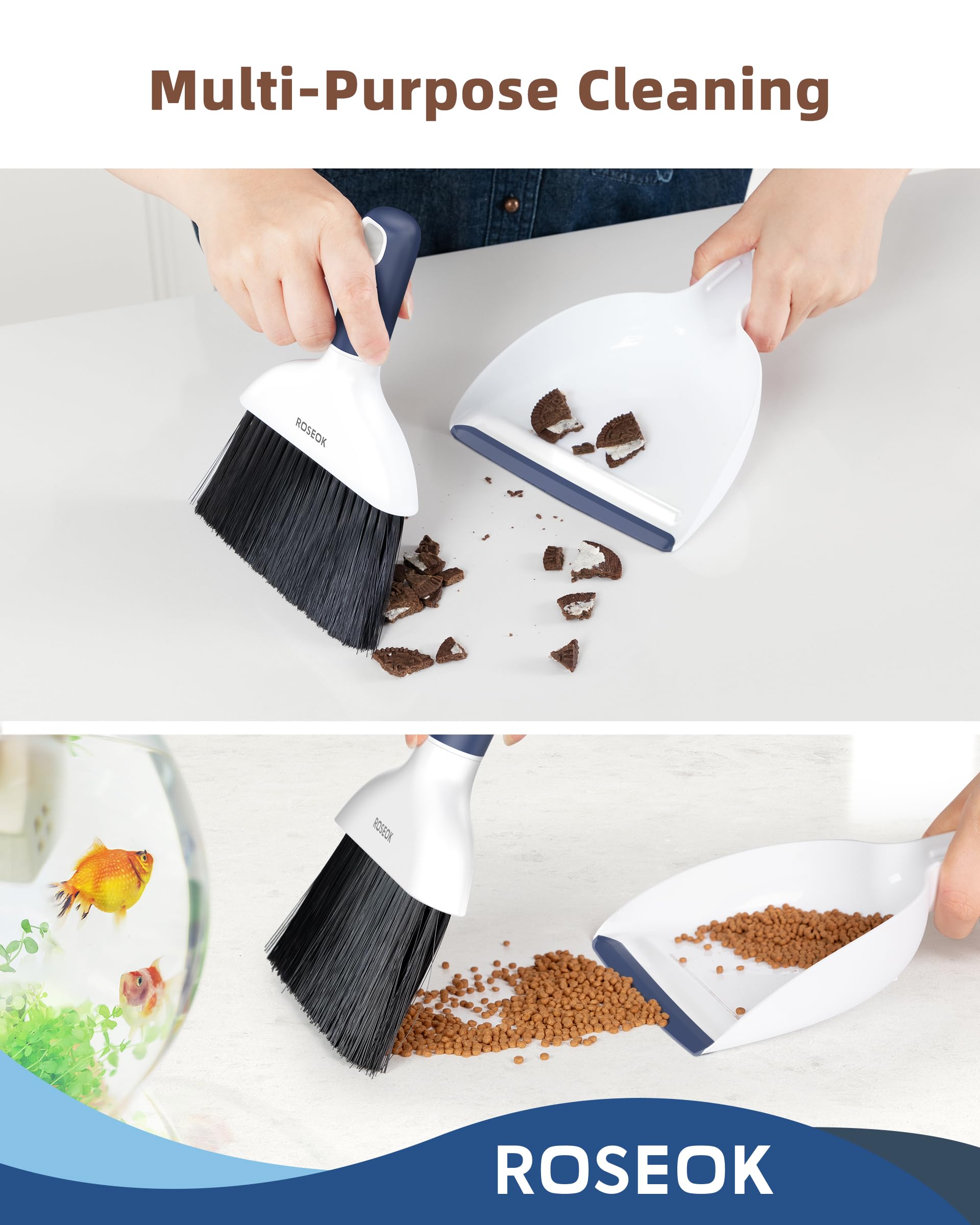 ROSEOK Mini Broom and Dustpan Set for Cleaning, Compact Desktop Dustpan with Brush for Kitchen Counter, Office, Car, Navy Blue, 1 Pack