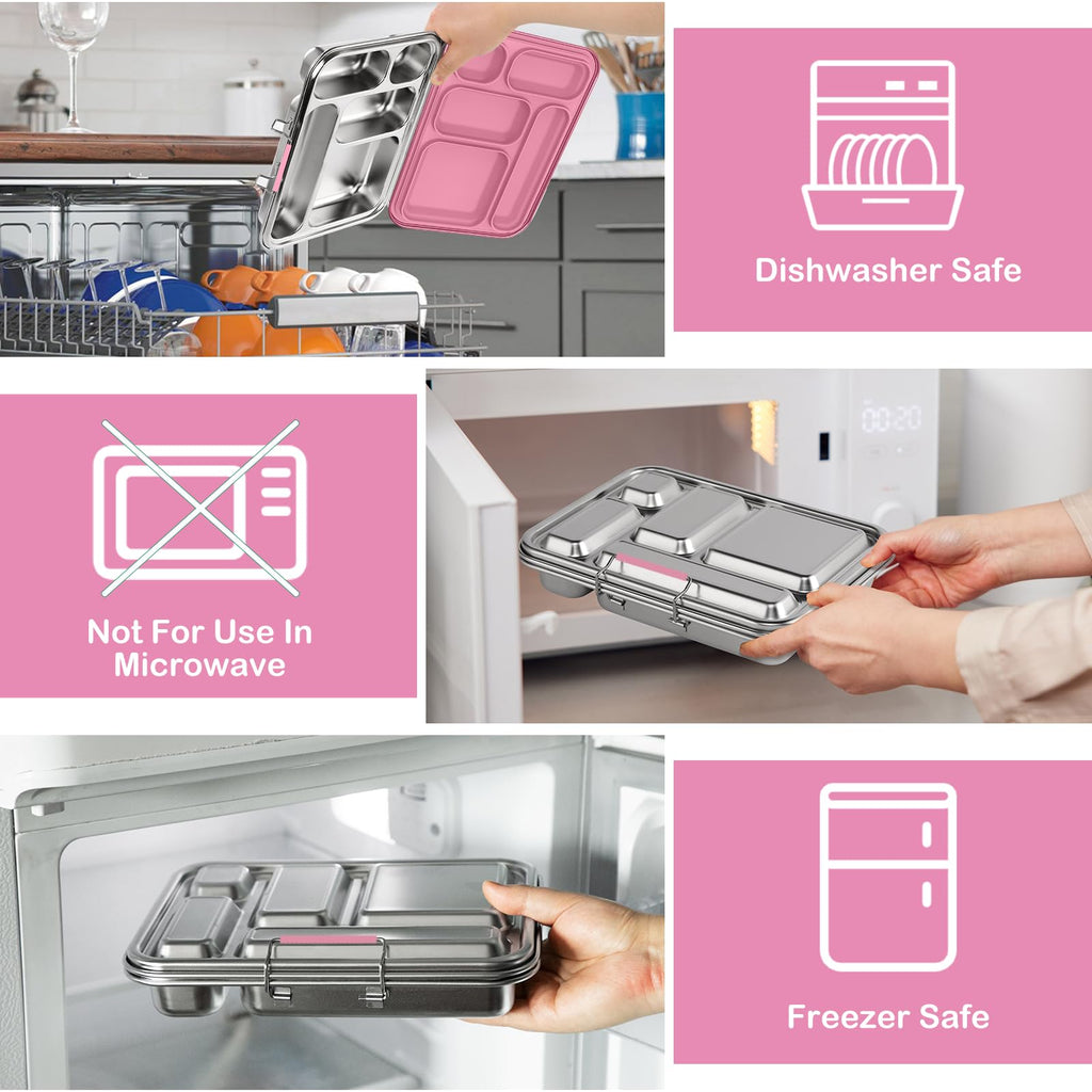 TOURPOR Stainless Steel Bento Box for Adults & Kids, 5-Compartment Lunch Box with 2 Sauce Containers, BPA-Free Bento Lunch Container, Dishwasher Safe, School & Work Meal Prep Lunch Container (Pink)