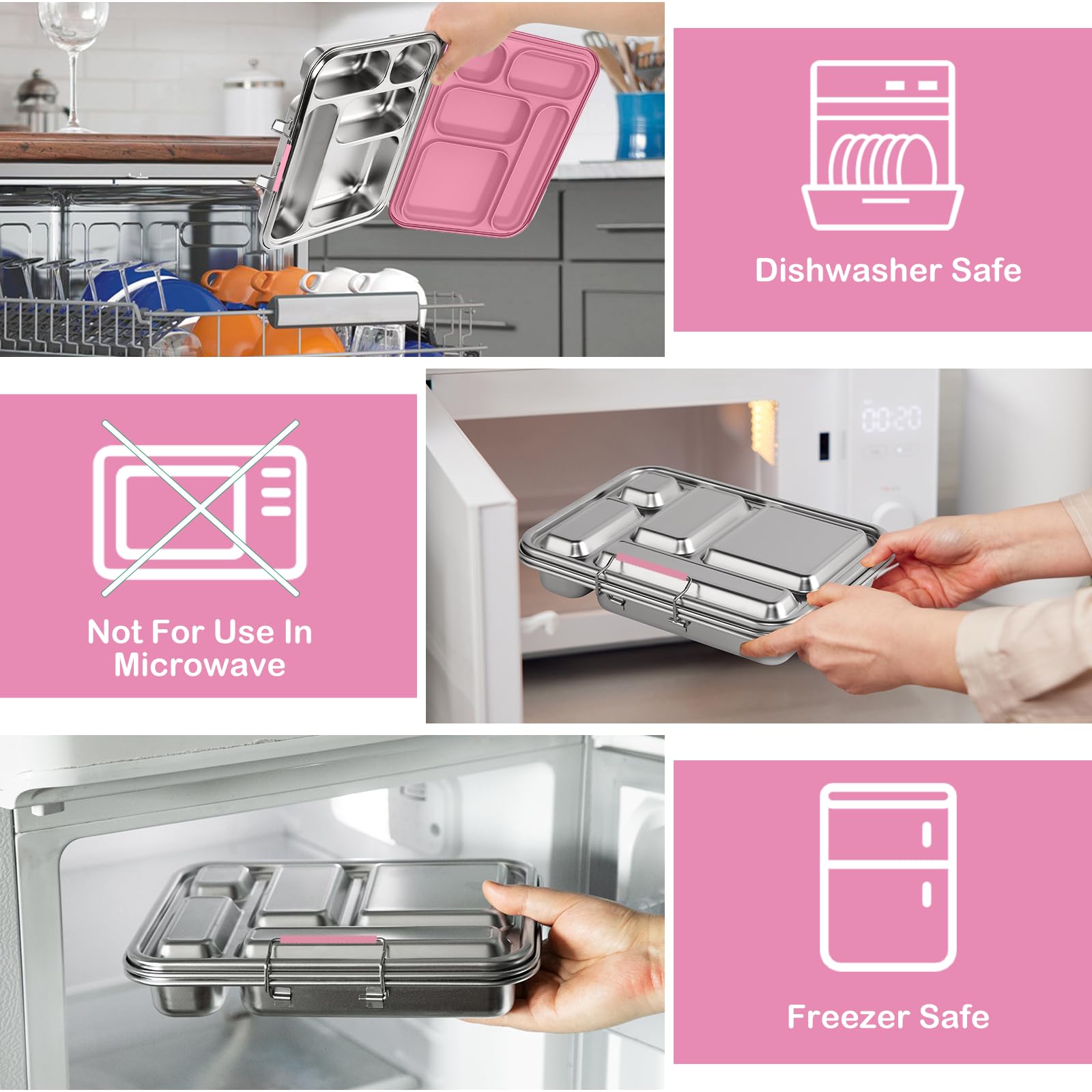 TOURPOR Stainless Steel Bento Box for Adults & Kids, 5-Compartment Lunch Box with 2 Sauce Containers, BPA-Free Bento Lunch Container, Dishwasher Safe, School & Work Meal Prep Lunch Container (Pink)