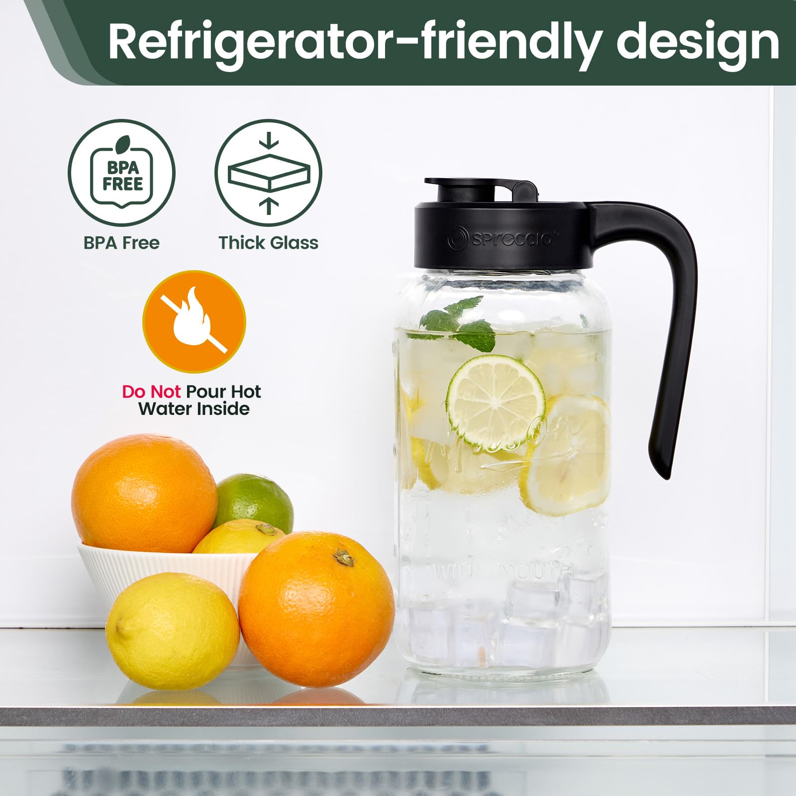 Spreccio Mason Jar Pitcher - Airtight & Leakproof Glass Pitcher with Lid, Perfect for Breastmilk, Cold Brew, and Sun Tea, 2 Quart (64 oz) Mason Jar with Pour Spout Lid