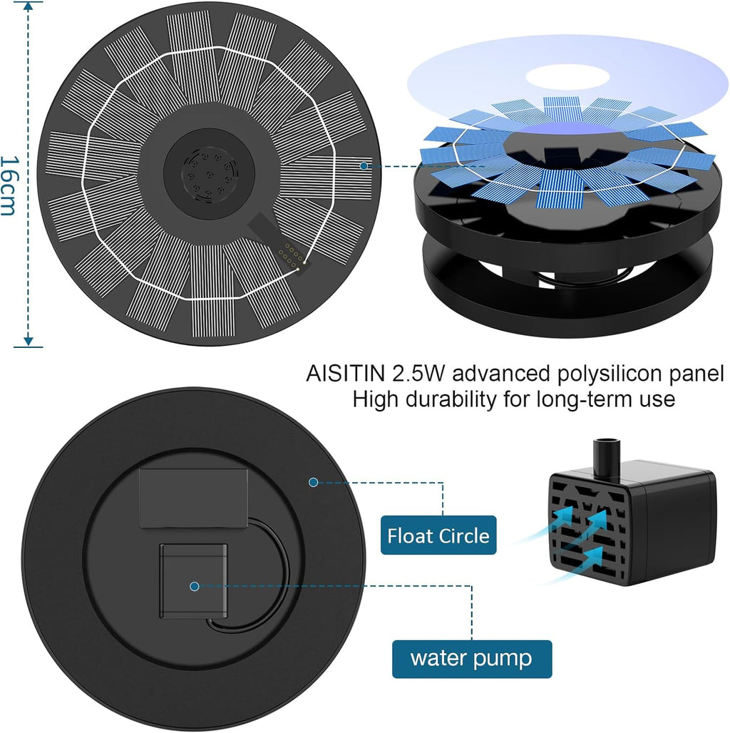 AISITIN Solar Fountain Pump - 2.5W Solar Powered Water Fountain with 8 Nozzles for Bird Baths & Gardens