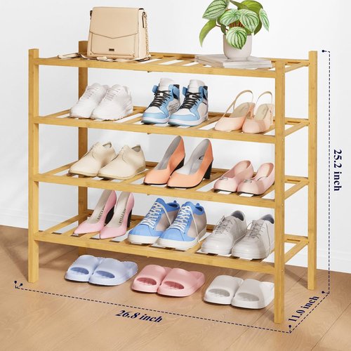 Kitsure Bamboo Wooden Shoe Rack - Stackable 4-Tier Organizer, Space-Saving Design, 26.8" Wide - Natural Finish