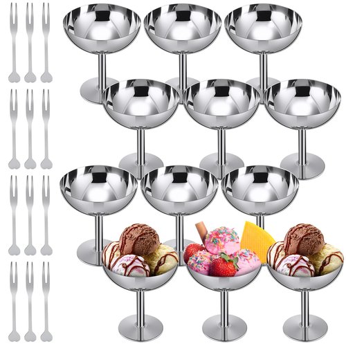 Reallnaive 12 Sets Stainless Steel Ice Cream Cups 6.7 Oz Small Footed Bowls with Forks Bulk Stainless Dessert Cup for Serving Pudding Fruit Summer Birthday Party Supply (Glossy,Silver)