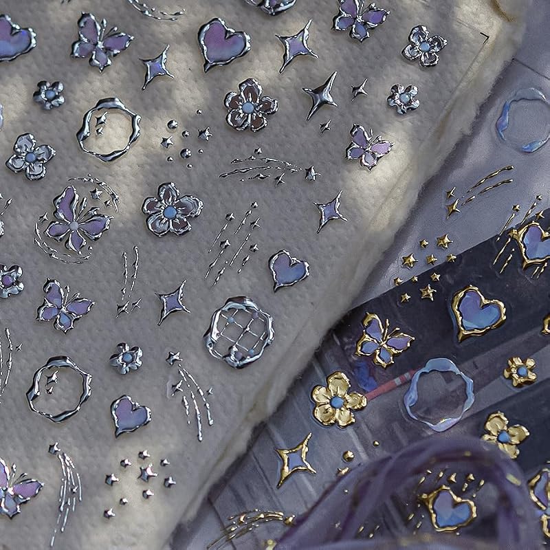 5D Embossed Silver Flower Nail Stickers Bohemian Butterfly Nail Art Decals