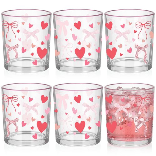 Ferrochef 6 Pcs Valentines Heart Glasses Drinkware Valentines Day Icon Juice Glasses 11oz Galentines Day Pink Bow Cup for Party Gift Hot and Cold Beverages Women Friend
