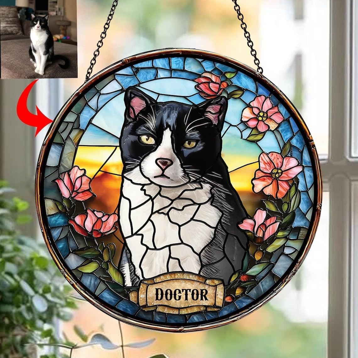Skiennix Custom Dog Portrait Stained Glass Light Catcher - Pet Memorial Gift | Personalized Tribute