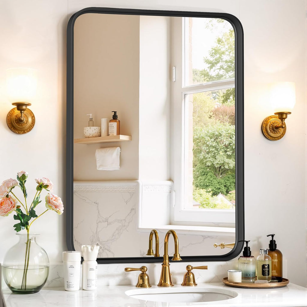 Regine Switzerland Bathroom Mirror - 36x24 Inch Black Metal Frame | Modern Anti-Rust Vanity Mirror