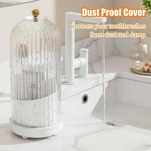 JEESA Toothbrush Holder Organizer, with Drainage Holes, with Dustproof Cover, 360 Rotating, 3 Slots, for Bathroom Countertop, White