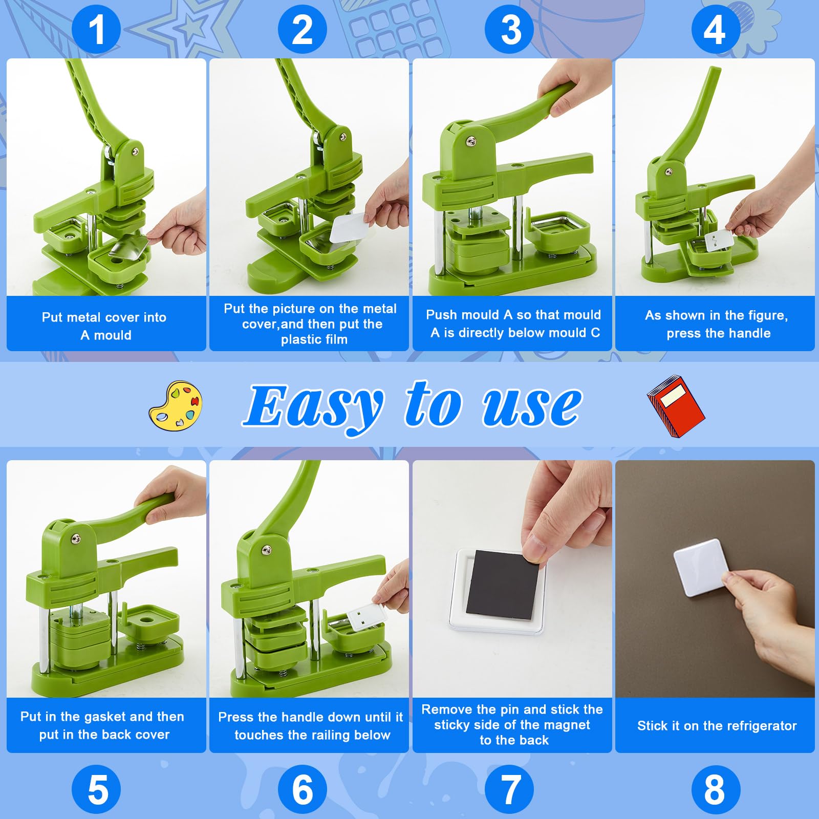Teenyyou 50mm/ 2 Inch Button Craft Press Supplies Square Button Part DIY Fridge Magnets Craft Set Including Magnet, Metal Cover, Plastic Back Cover, Pin,Transparent Film,Blank Paper (200 Sets,Plastic)