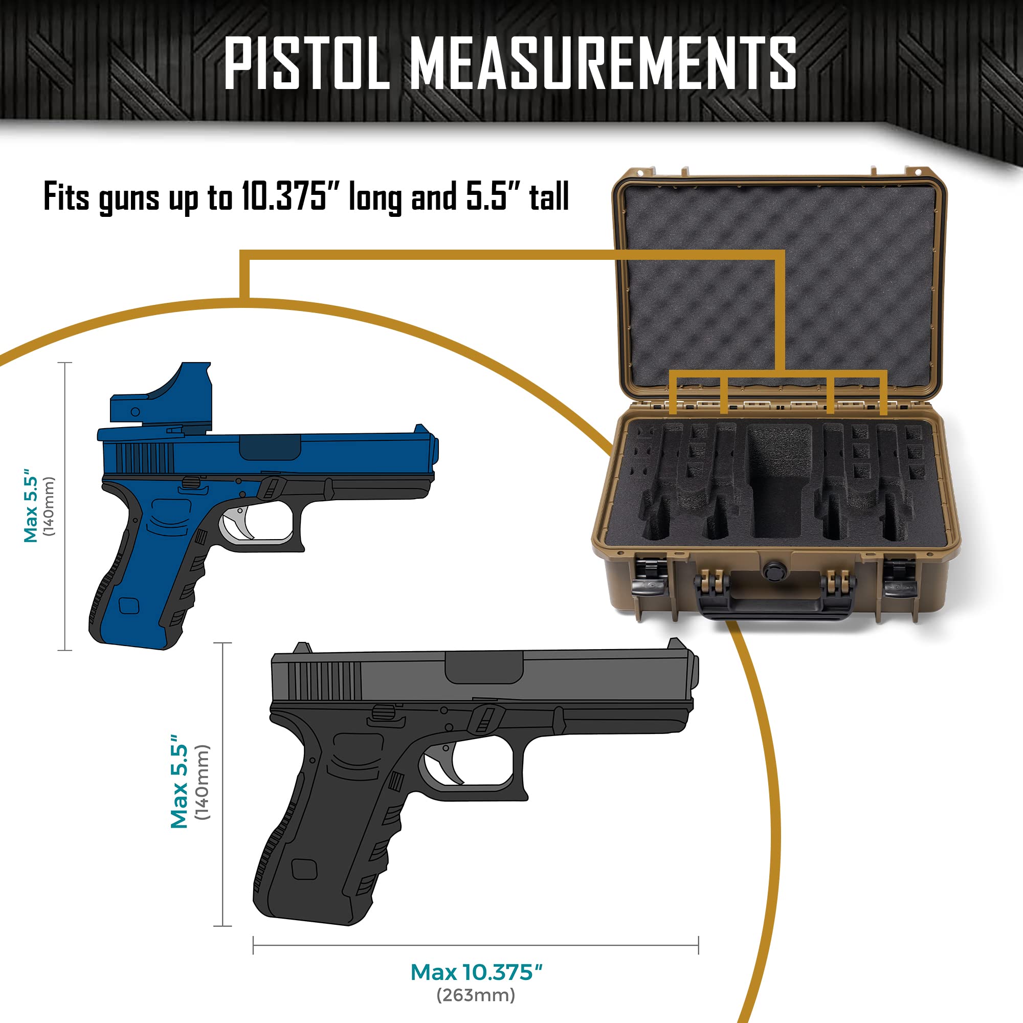 4 Pistol 12 Magazine Doro Gun Case with Custom MyCaseBuilder Foam Insert - Waterproof, Heavy Duty - Tactical Firearms, Ammunition, and Accessory Holder - Sahara Case x Black Foam - 18 x 14 x 7 Inches