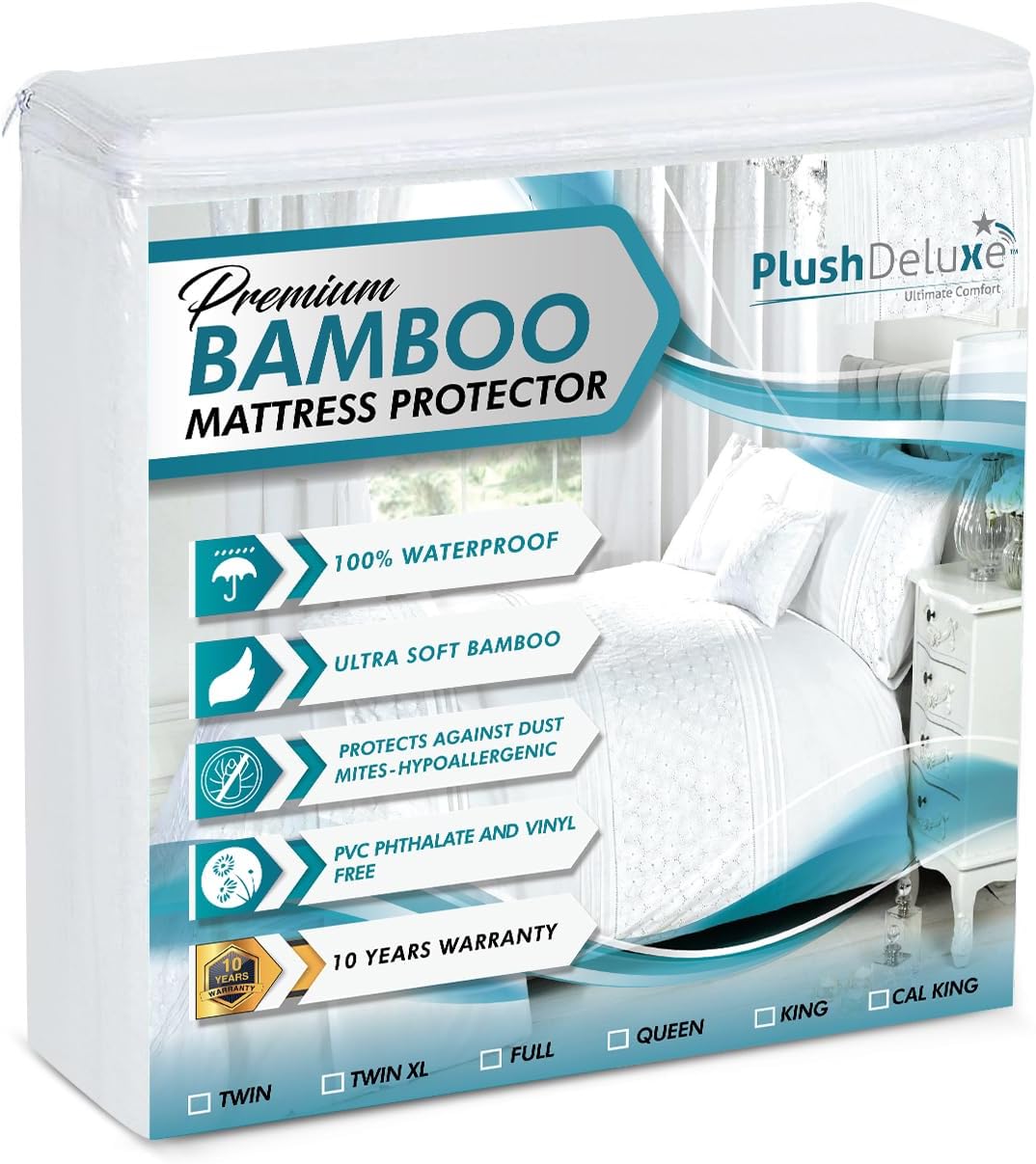 PlushDeluxe Bamboo Mattress Protector - Waterproof, Ultra Soft & Breathable Full Size Cover - White