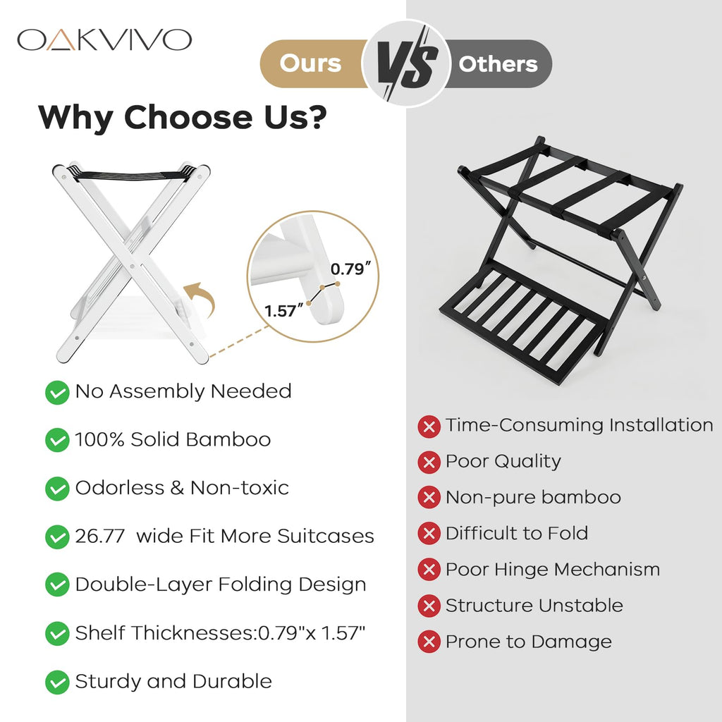 oakvivo Fully Assembled Luggage Racks Pack of 2, Upgraded Bamboo Foldable Suitcase Stand with 5 Nylon Straps, 26.77" Thickened Luggage Stand Holder with Shelf for Guest Room Bedroom Hotel, White