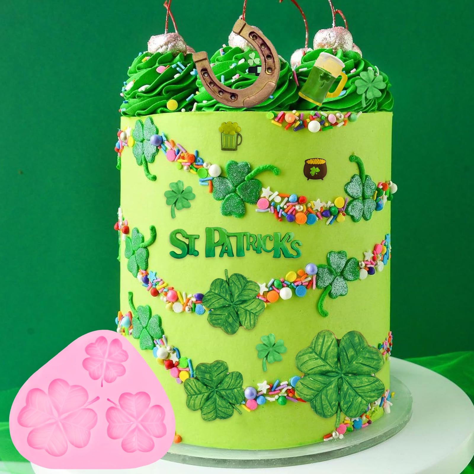 5Pcs St. Patrick's Day Silicone Molds, Shamrock Four-Leaf Clover Fondant Molds, Irish Hat Beard Beer Horseshoe Chocolate Baking Molds for Cake Decoration Cupcake Topper Candy Clay Resin