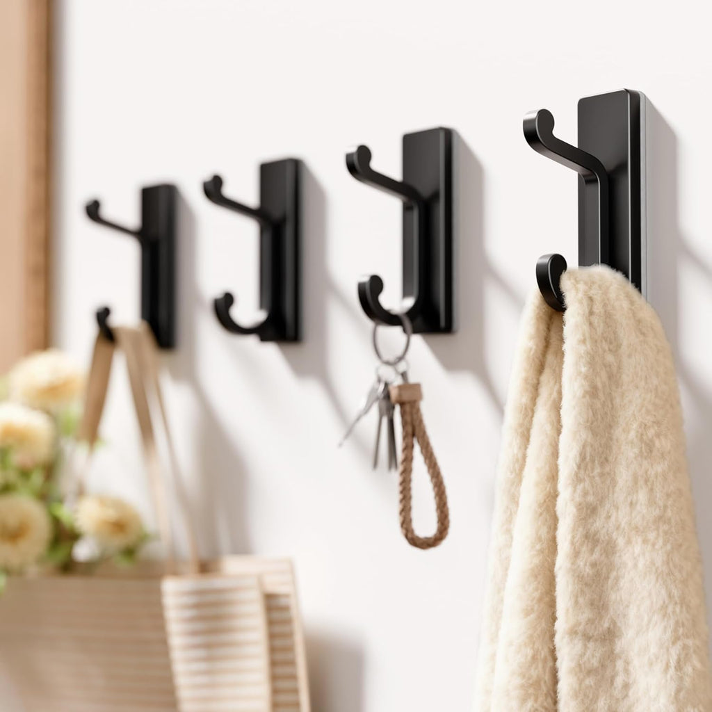 Skiennix Self-Adhesive Wall Hooks - Heavy-Duty Sticky Hangers for Clothes & Towels | 4 Pack, Black