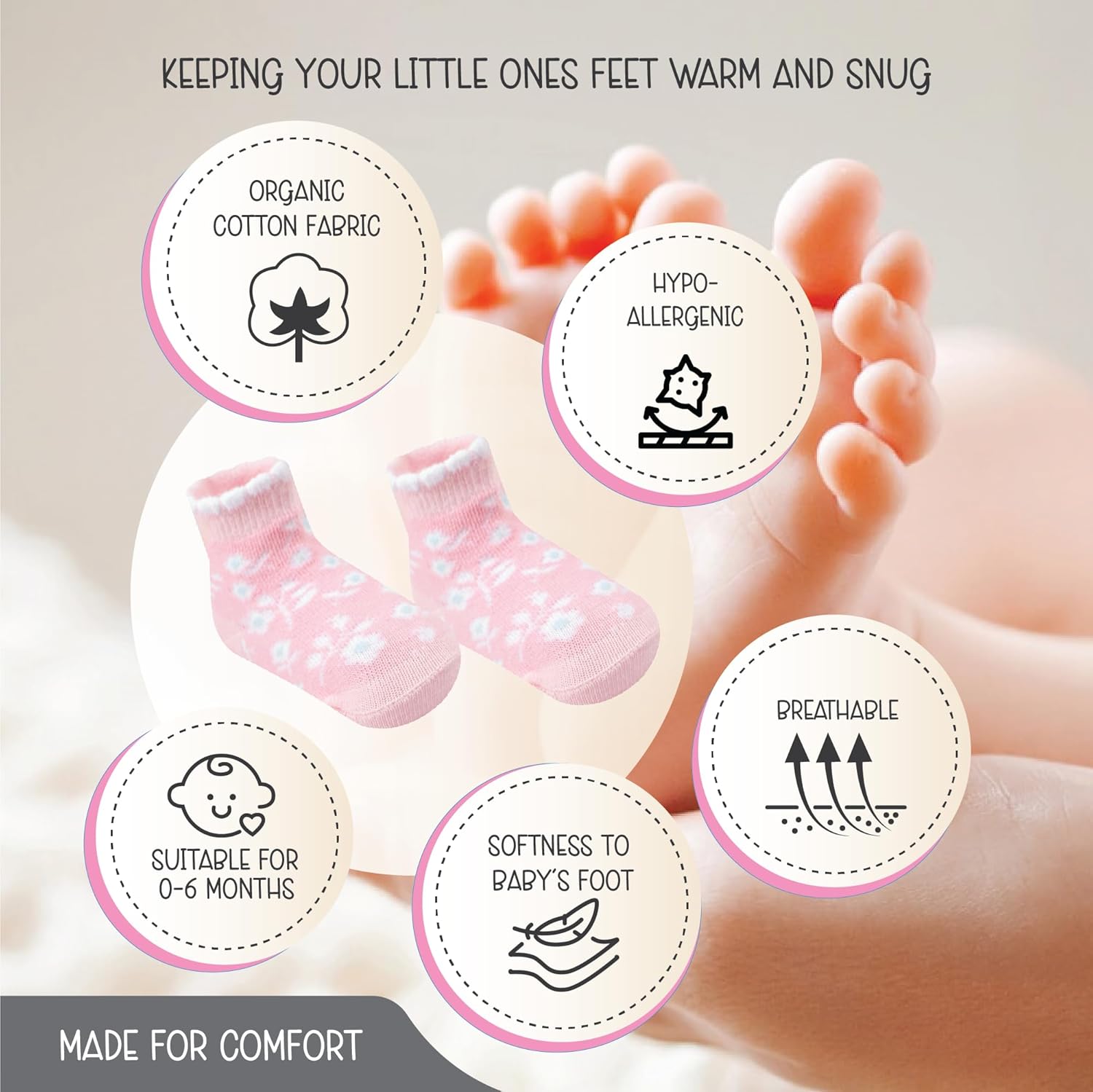 Skiennix Organic Cotton Baby Socks - GOTS Certified, Soft & Breathable | 6 Pairs for Newborn Girls (0-6 Months)