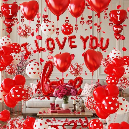 1126PCS Red Valentines Day Decorations Set, Red Heart Balloons and Love Foil Balloon,I LOVE YOU Banner,1000 Fake Rose Petals,Heart Balloon Hanging Pendant for Wedding Decor Anniversary Decorations