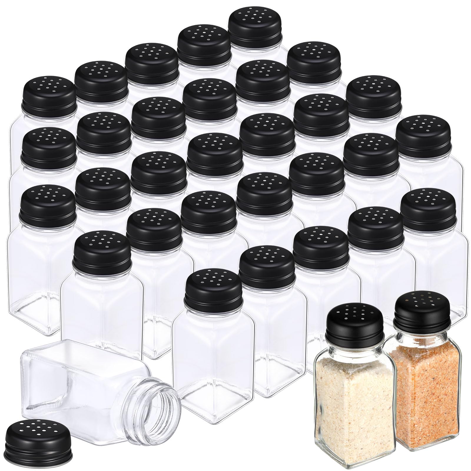 Bokon 48 Pack Glass Salt Shaker Bulk with Stainless Lids 2.7oz Small Spice Shaker for Kitchen Restaurants and Catering Wedding Party Supplies(Black,Classic)
