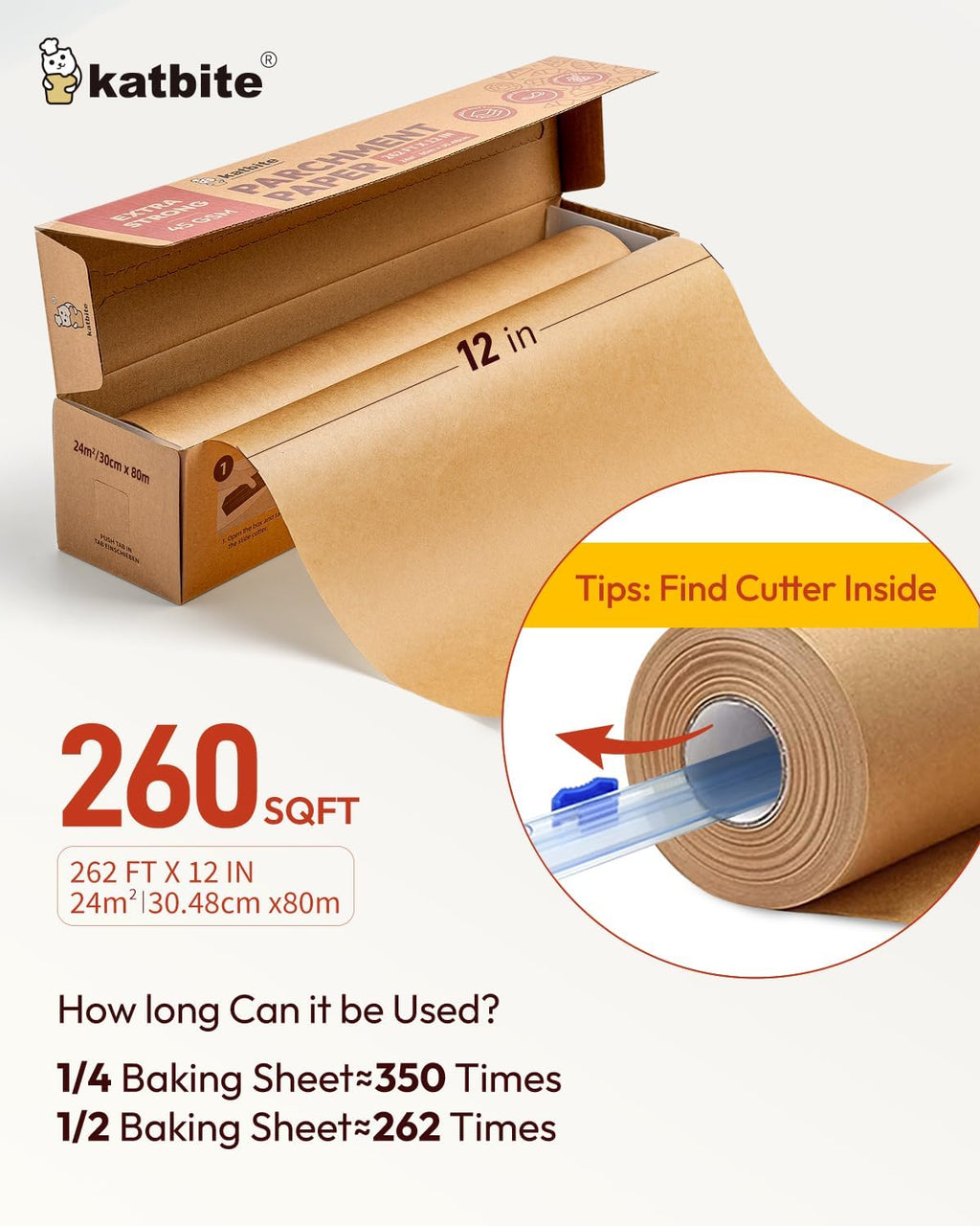 Unbleached Parchment Paper Roll - Heavy Duty Non-Stick Baking Paper 12in x 262ft | Ideal for Cooking & Air Frying