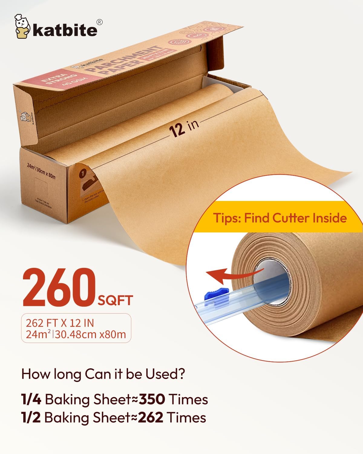 Unbleached Parchment Paper Roll - Heavy Duty Non-Stick Baking Paper 12in x 262ft | Ideal for Cooking & Air Frying