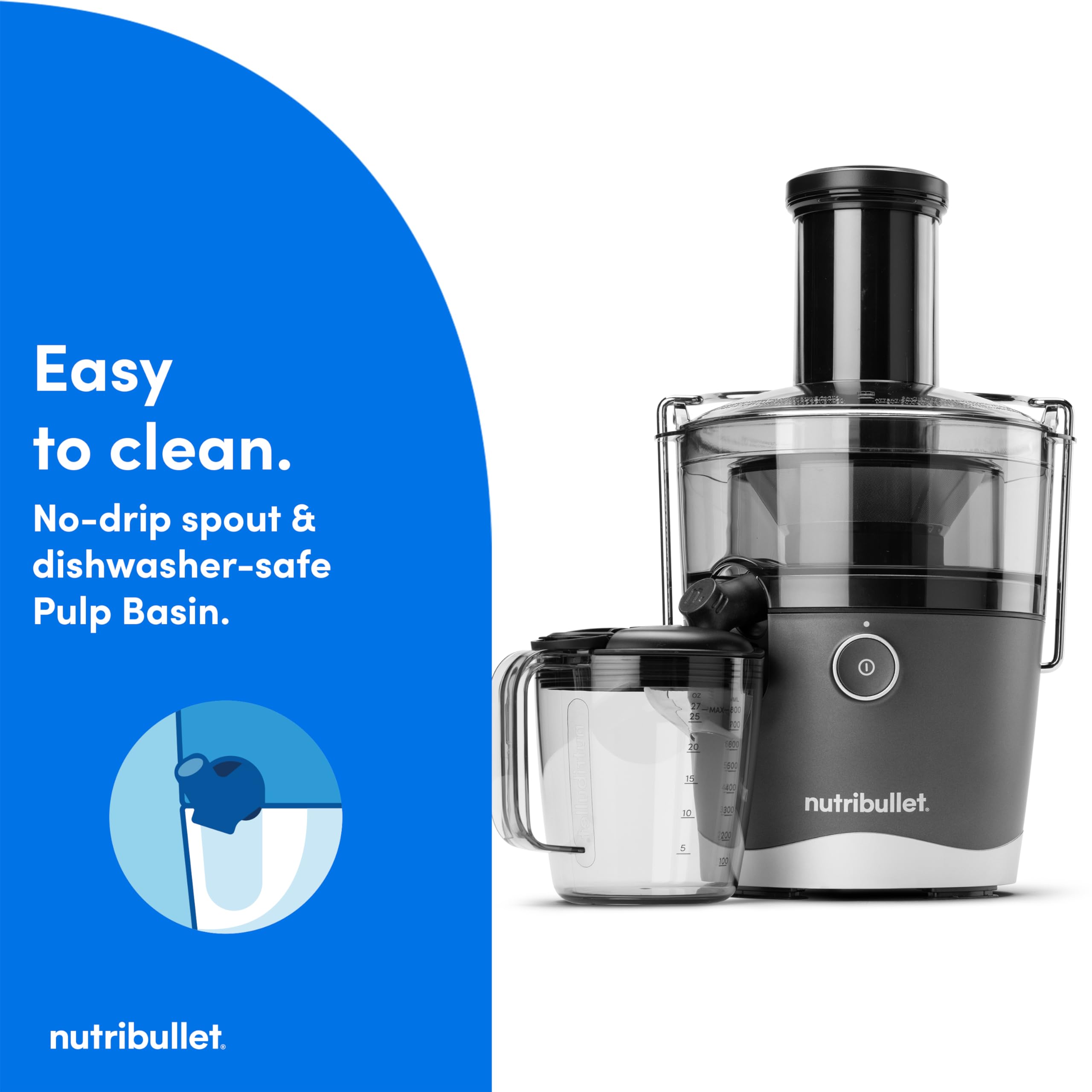 nutribullet® Juicer, 800W Juicer, Large 3" Feed Chute for Whole Fruits and Vegetables, 27oz Juice Pitcher, .5L Pulp Container, Dual Speeds, BPA Free, Gray, NBJ50100
