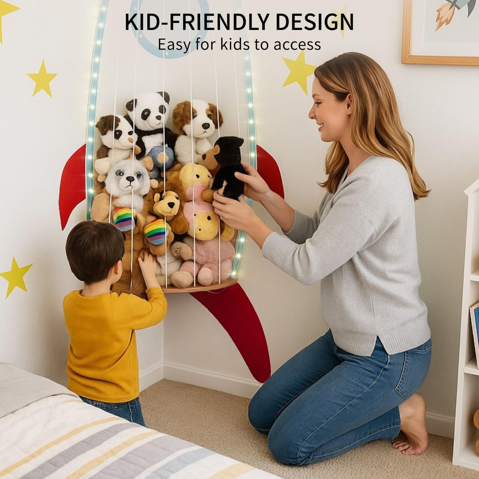PUTSKA Nursery Furniture Hanging Organizer – Wall Mounted Stuffed Animal Storage for Baby Room, Corner Plush Collection Display & Nursery Organization System, Space-Saving Vertical Storage - Spaceship