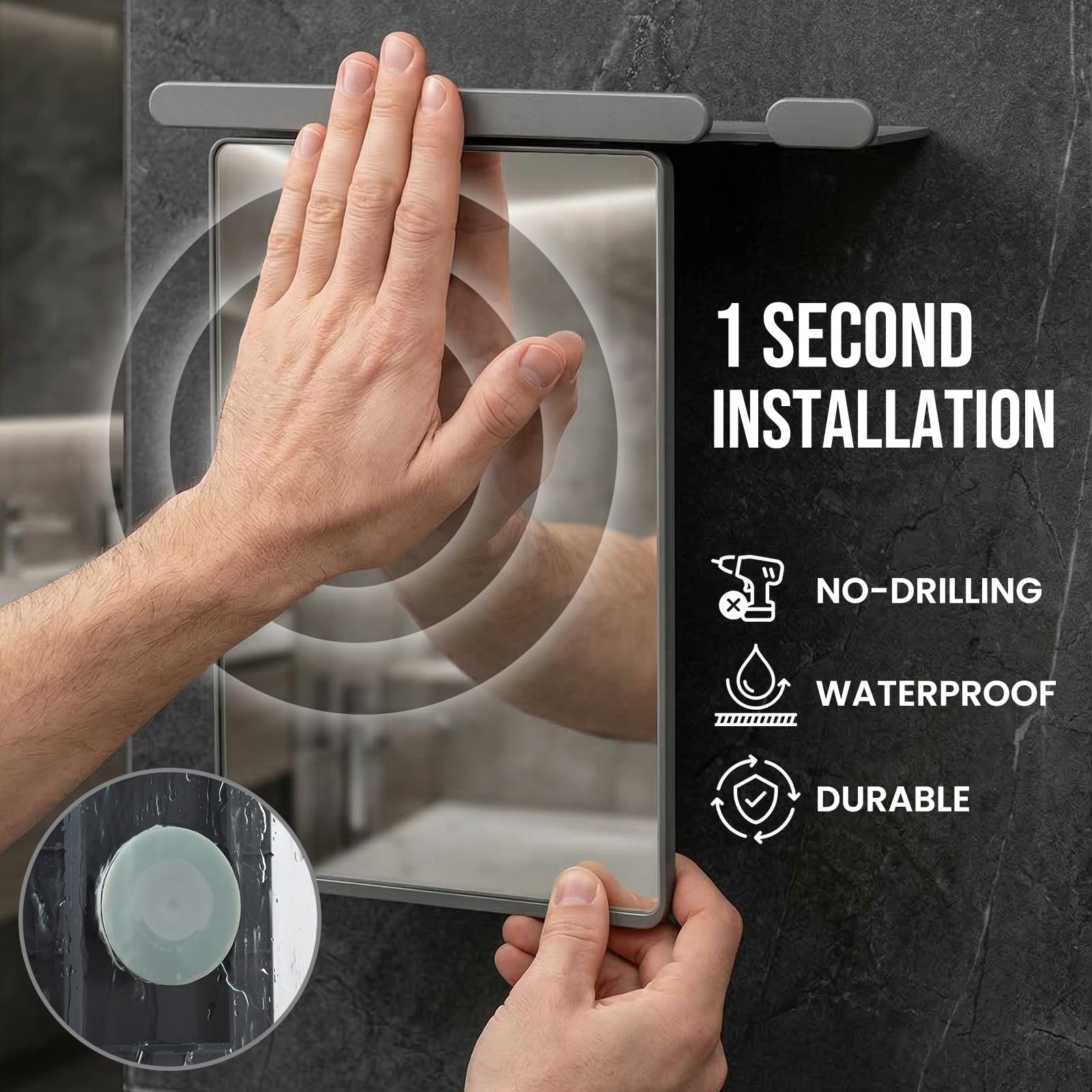 TAILI Shower Mirror Fogless for Shaving with Razor Holder, Anti-Fog with Powerful Suction Wall Mounted for Bathroom, Makeup Shave Mirror for Men & Women, Shatterproof & Removable, Grey