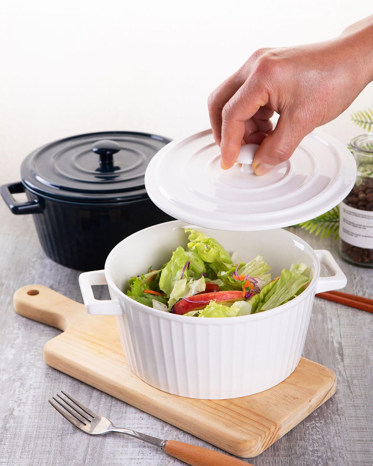 WHJY Ceramic Casserole Dish - White Colorful Design with Lid | 1 Quart Bakeware Oven Pan