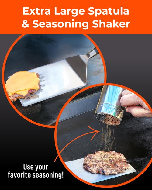 Braize Smash Burger Press Kit – 6.5 Inch Stainless Steel Hamburger Smasher Tool – Heavy Duty Grill Press for Flat Top Griddles and Cast Iron Pans – Perfect for Crispy Smashed Burger Patty – Shaker Set