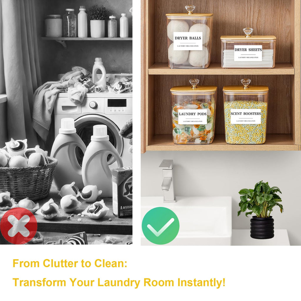 4 Pack Clear Laundry Pods Container & Dryer Sheet Holder Set with Lid, Laundry Containers with Scoops & Labels, Laundry Room Organization and Storage for Laundry Detergent, Pods, Powder, Beads