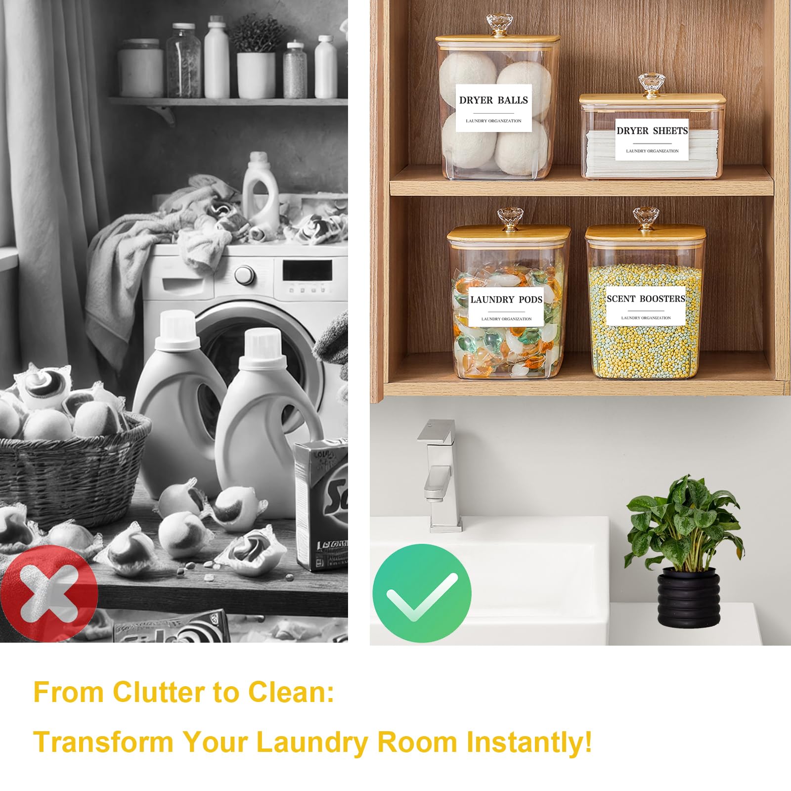 4 Pack Clear Laundry Pods Container & Dryer Sheet Holder Set with Lid, Laundry Containers with Scoops & Labels, Laundry Room Organization and Storage for Laundry Detergent, Pods, Powder, Beads