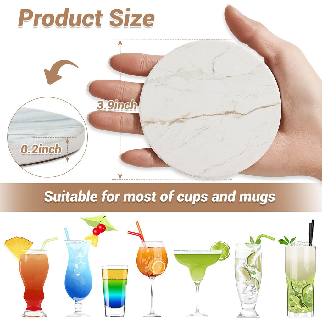 Acejoz Drink Coasters with Holder for Coffee Table, Absorbent Coasters Set of 6, Marble Style Ceramic Coaster for Wooden Table, Suitable for Kinds of Cups, Home Decor, 4 Inches(White)