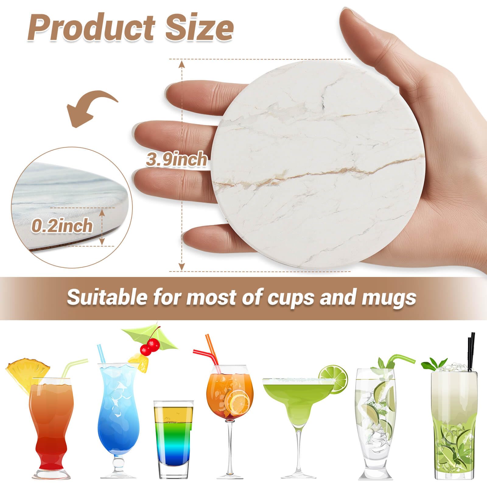 Acejoz Drink Coasters with Holder for Coffee Table, Absorbent Coasters Set of 6, Marble Style Ceramic Coaster for Wooden Table, Suitable for Kinds of Cups, Home Decor, 4 Inches(White)