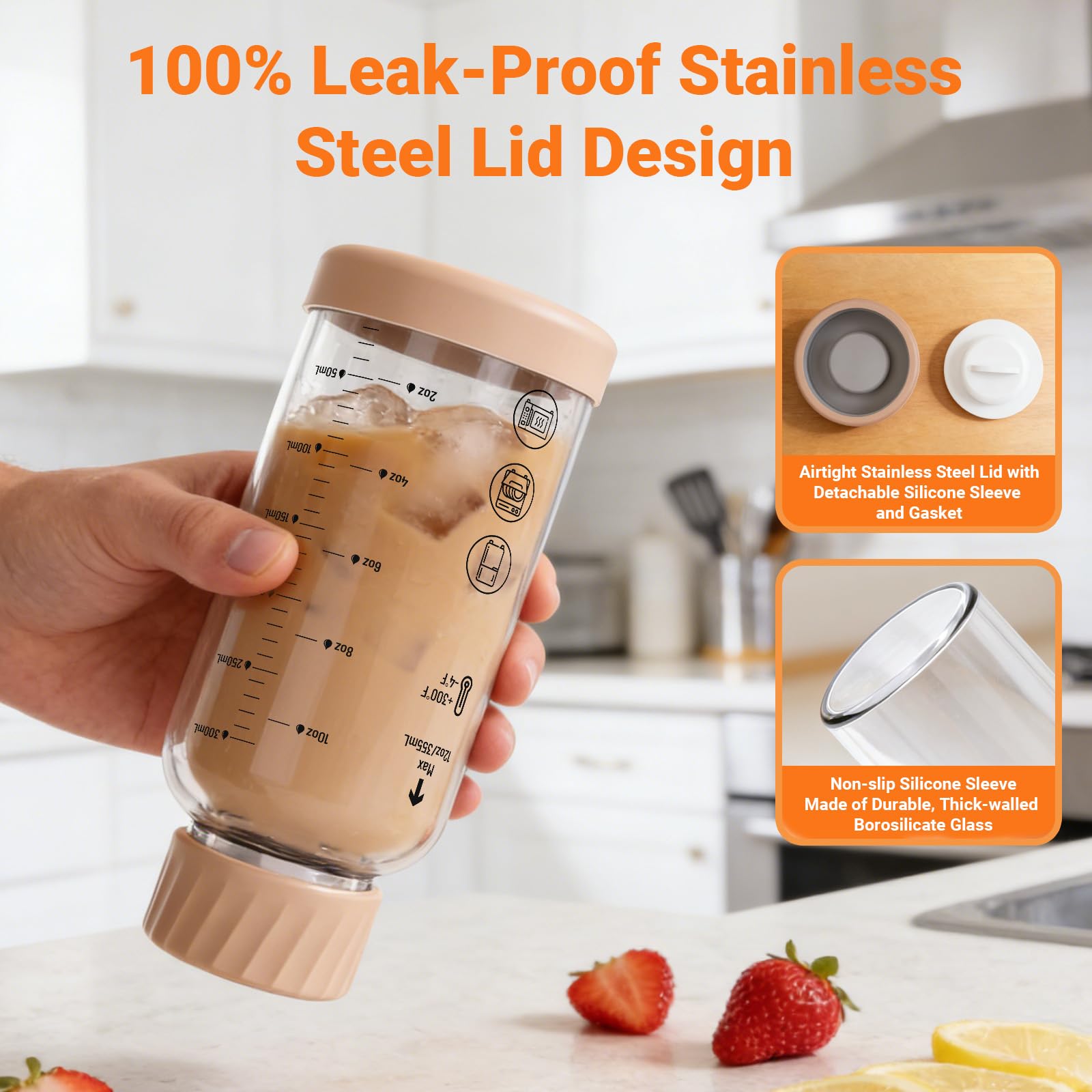 Luxfuel Glass Juice Bottles with Lids 12oz, 6 Pack – Borosilicate Glass Bottles for Juicing, Smoothies, Water & Beverage Storage, Stainless Steel Lids, Reusable, Leakproof, Heat-Resistant, BPA-Free