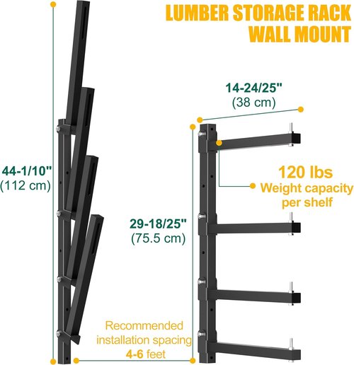 Heavy-Duty Lumber Storage Rack by [Brand Name] - Wall-Mount Folding Wood Racks | 4-Level Design, Black
