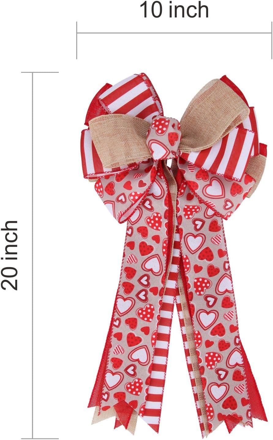 Meseey Valentine's Day Tree Topper Bow - Red Heart Print Burlap Bow for Indoor/Outdoor Decor