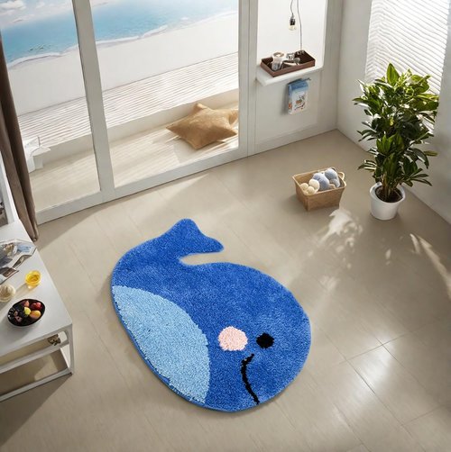 Sagielio Kids Bathroom Rug - Cute Whale Bath Mat, Blue Non-Slip Microfiber Terry, Washable Water Absorbent Floor Mat for Boys and Girls, Perfect for Kids Bathroom Decor (17x23 Inches)