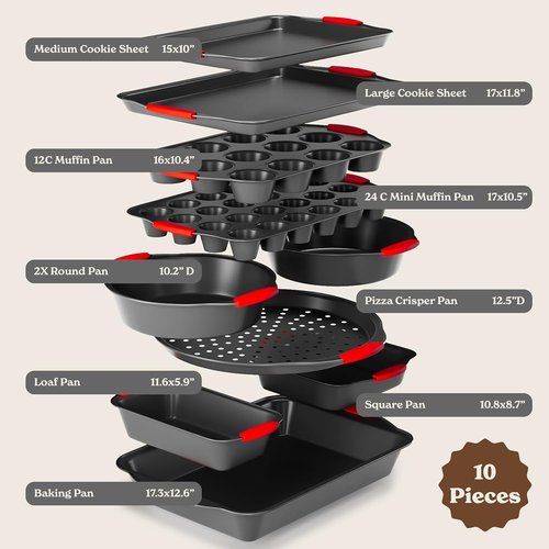 Country Kitchen Nonstick Bakeware Set - Durable & Easy Release, 10-Piece Red Stackable Collection