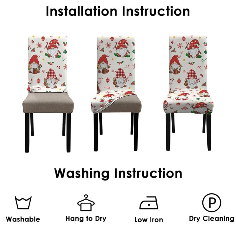 Christmas Gnome Chair Covers Set of 4 - Winter Snowflake Holly Elastic Dining Chair Covers (Variation: Christmas Gnome+4 Pieces)