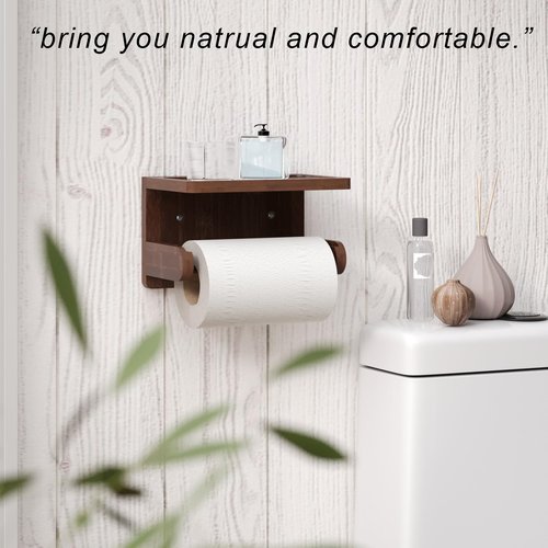 VERTORGAN Toilet Paper Holder with Phone Shelf,Bamboo Wall Mounted Tissue Roll Holder for Bathroom (Brown)