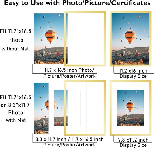 JCJMY A3 Gold Picture Frame - Versatile Display for 8.3x11.7 or 11.7x16.5 Photos | Wall Hanging with Plexiglass