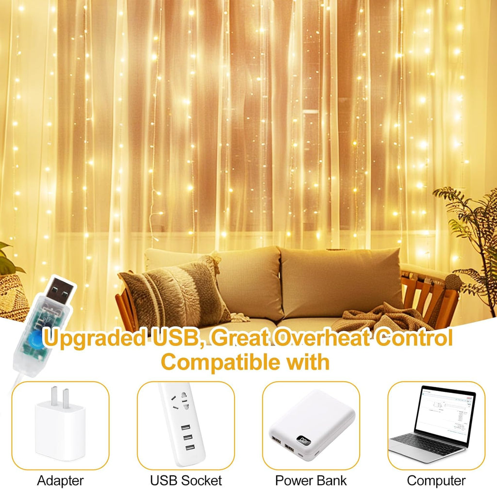 Skiennix 300 LED Fairy Curtain Lights - 9.8 x 9.8FT Warm White USB Plug with Remote | 8 Modes for Christmas, Weddings, Parties